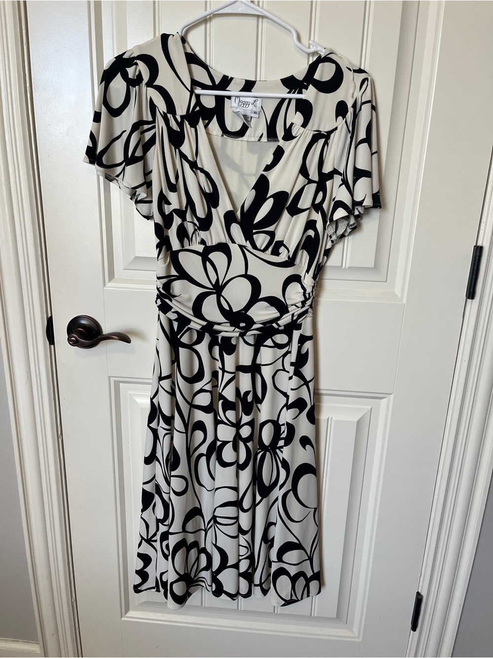 Maggy London Black and White Floral Faux-Wrap Midi Dress